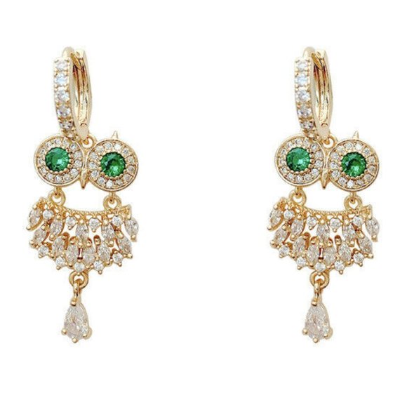 Jewelry - Owl Earrings Green Eyes Crystal Pave 925 Silver Gold Vermeil Pierced NWT M387